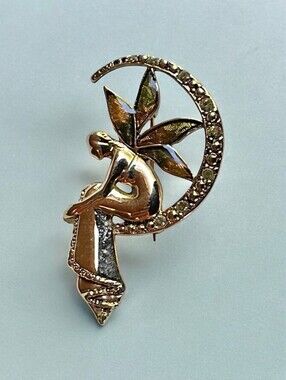 Vintage Liz Claiborne Brooch Pin Fairy On Cresent Moon Gold Tone Jeweled